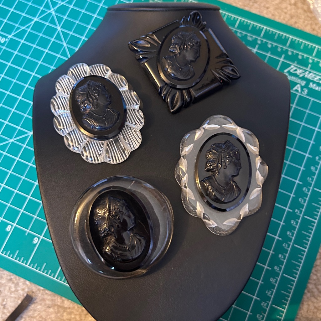 Vintage Art Deco Mourning Jumbo Carved Black Bakelite & Lucite Cameo Brooch Pins